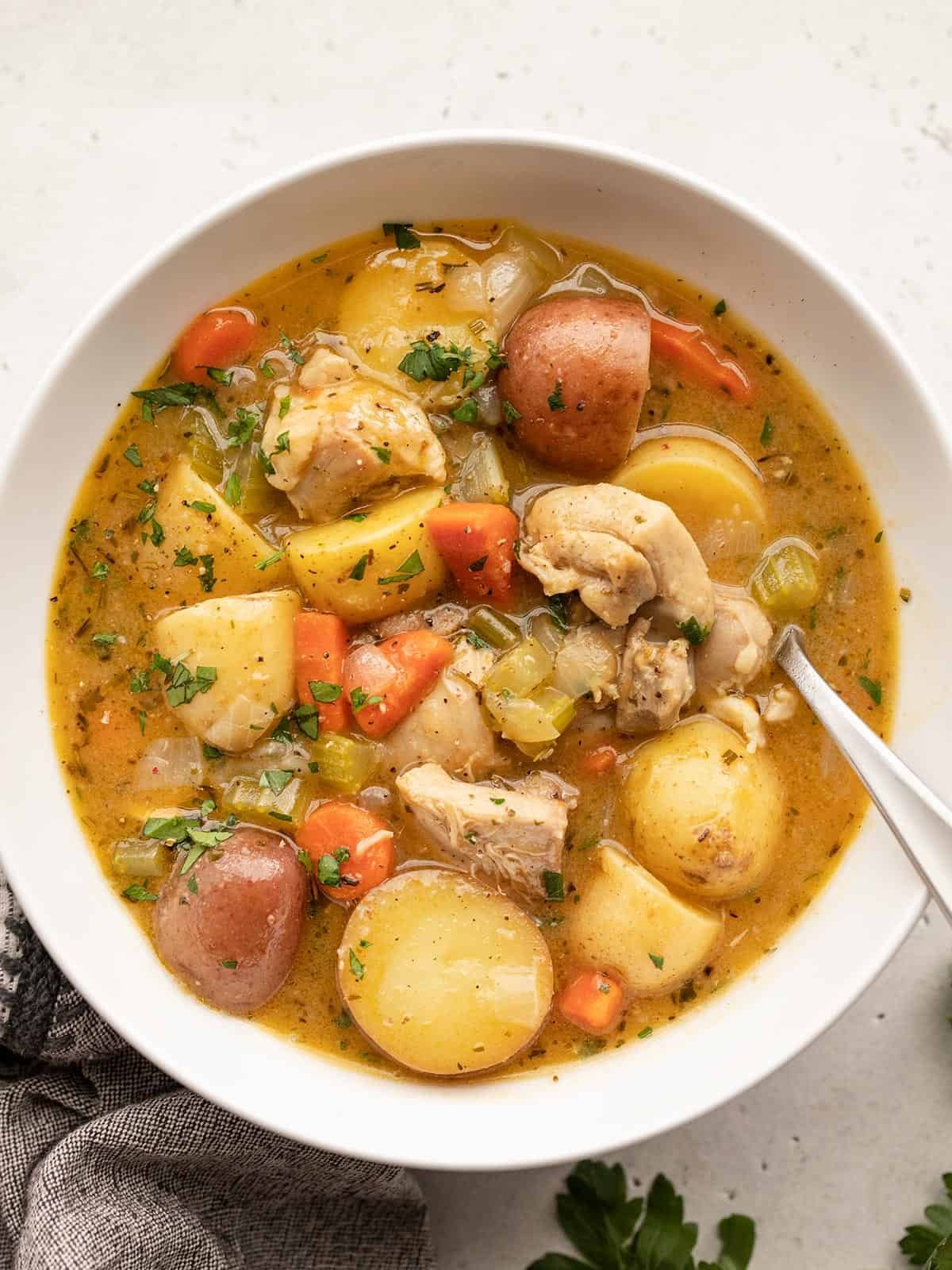 Close up overhead view of a bowl of chicken stew.
