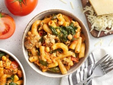 Overhead view of a bowl of Bruschetta Rigatoni all Vodka.