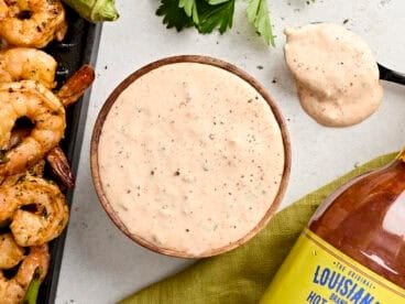 Overhead view of remoulade sauce in a bowl.