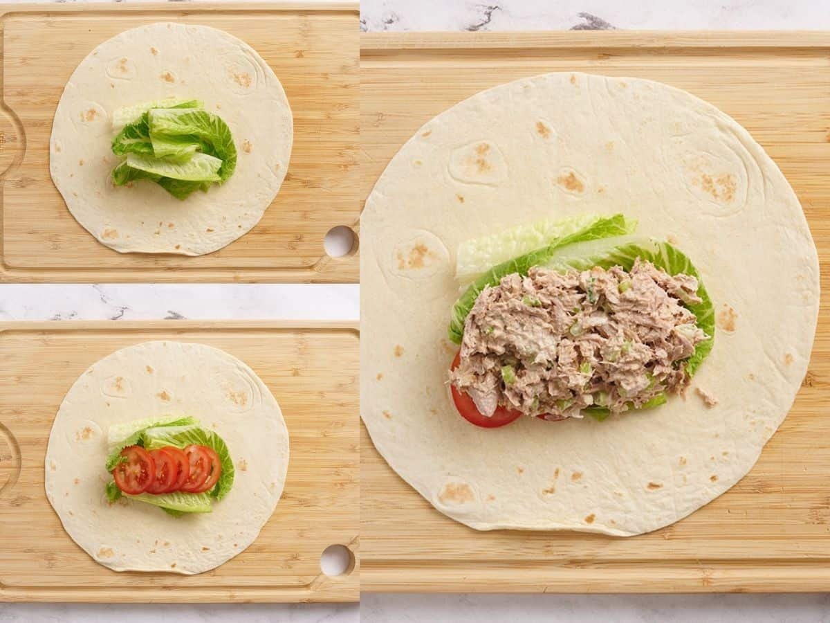 A collage of a tuna wrap being filled.